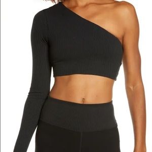 Alo One-shoulder Long Sleeve Rib Crop Top In Black